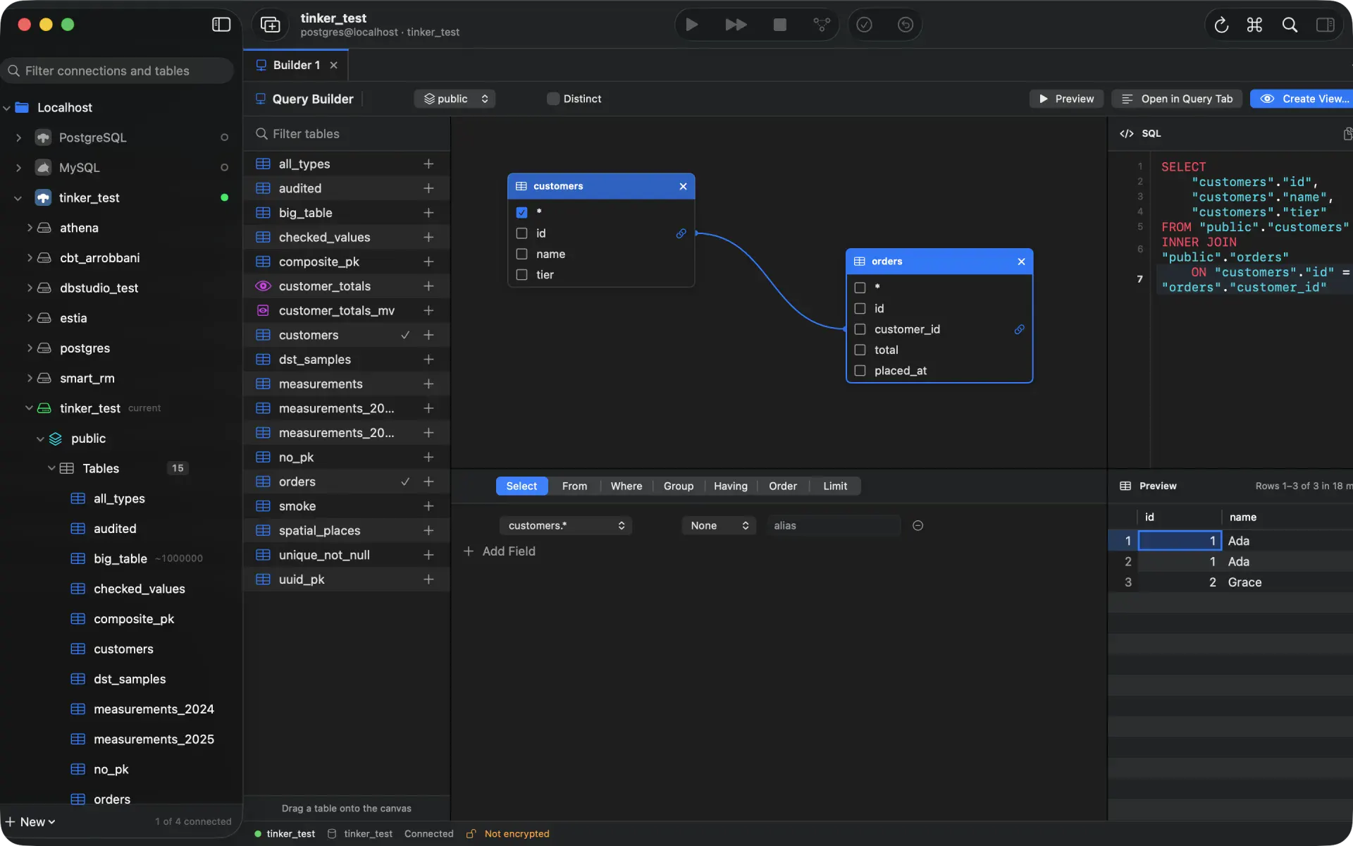 The query builder with two joined tables