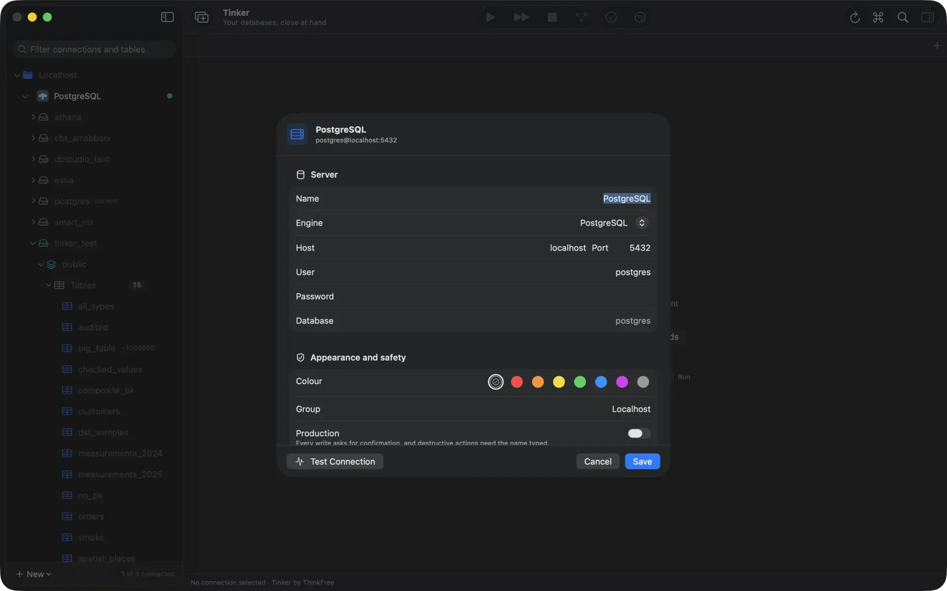 The connection editor for a PostgreSQL server: host, port, user and database, above the switches that mark a connection production or read-only.