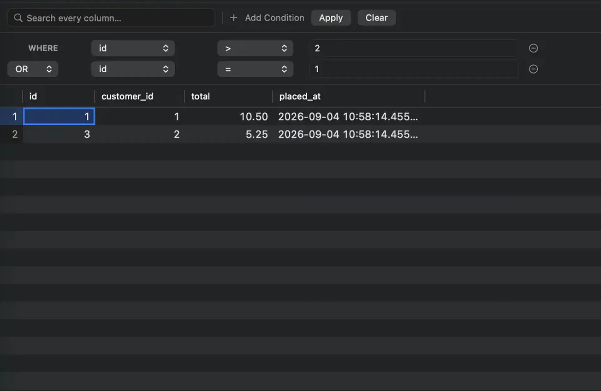 The grid filter bar over the orders table with two conditions on it — each one a column, an operator and a value — joined by OR.