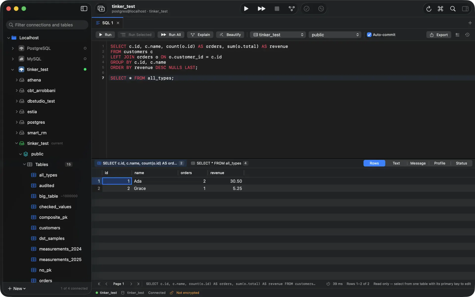 The Tinker SQL editor with a highlighted multi-statement query and two result-set tabs beneath it.