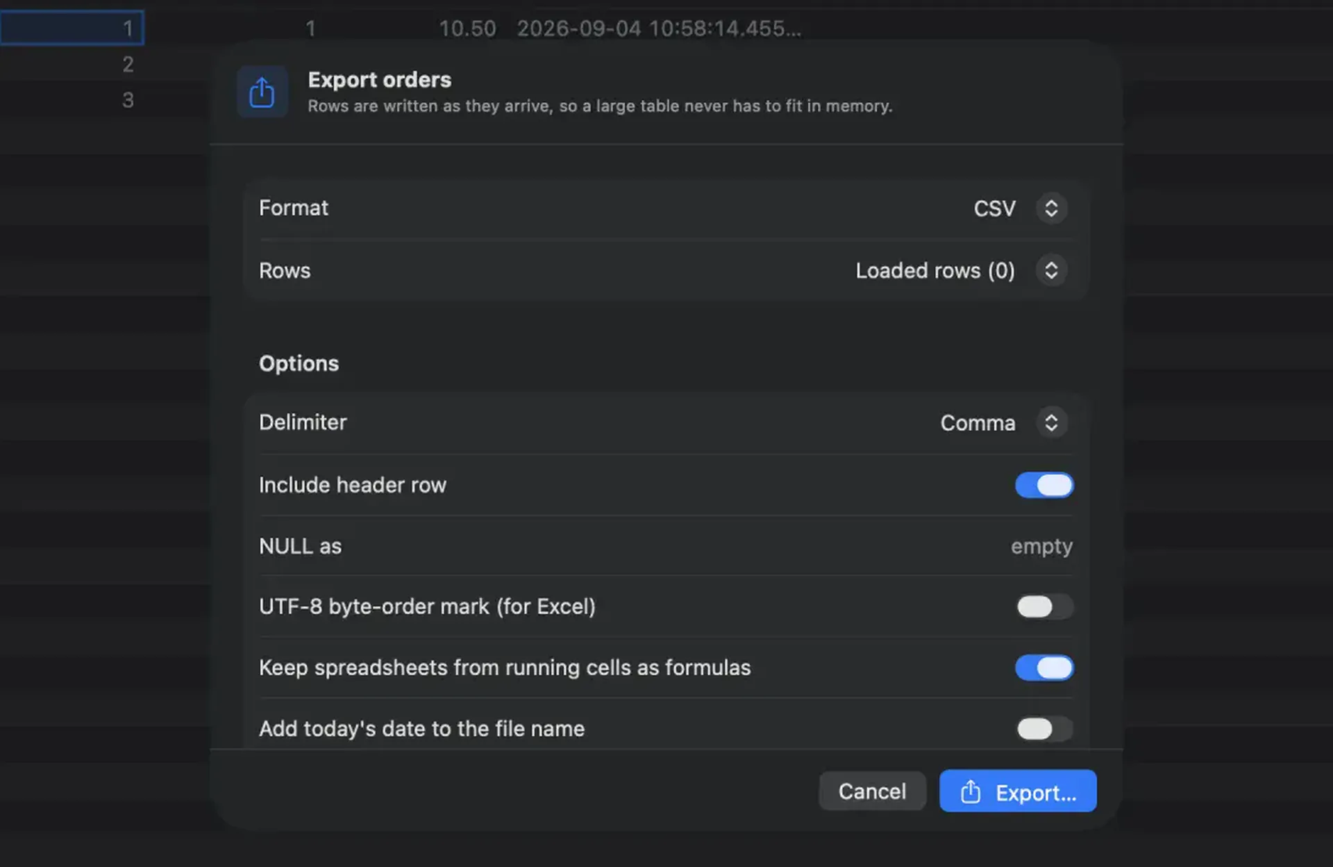 The export sheet over a table tab, offering the format, the scope and the options that format needs.